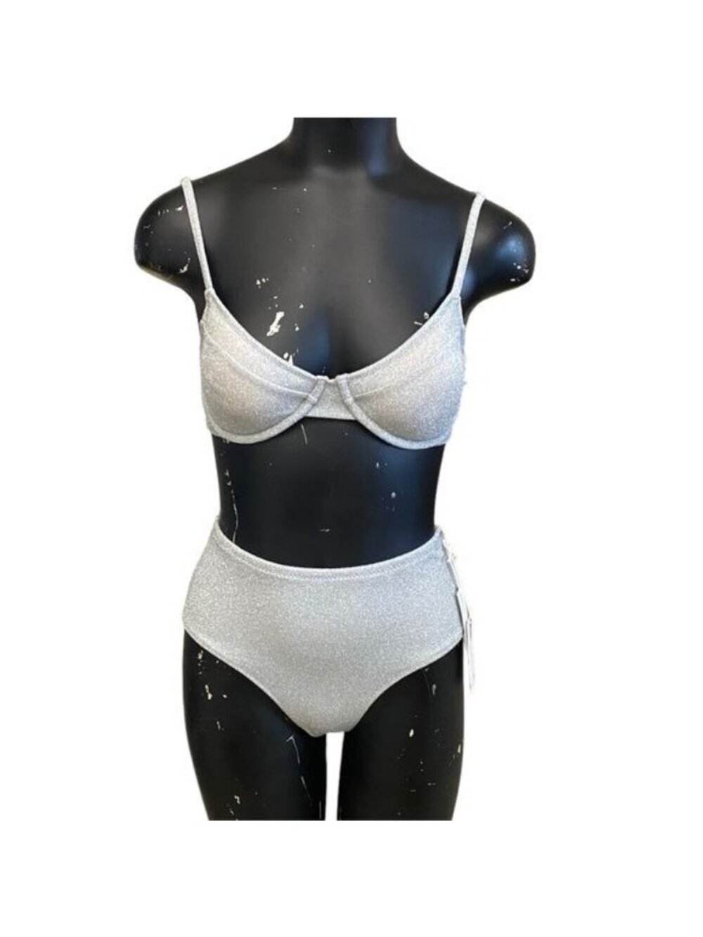 NEW Good American 2pc Silver Sparkle Swimsuit Bikini Size 1 = S